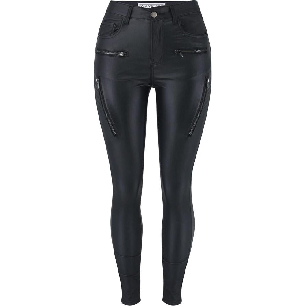 imageWomens High Waisted Stretch Faux Leather Pants PU Coated Legging Juniors017black 4 Zips