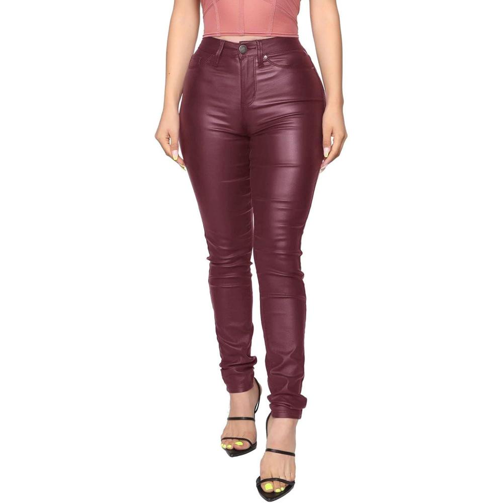 imageWomens High Waisted Stretch Faux Leather Pants PU Coated Legging Juniors022wine Red