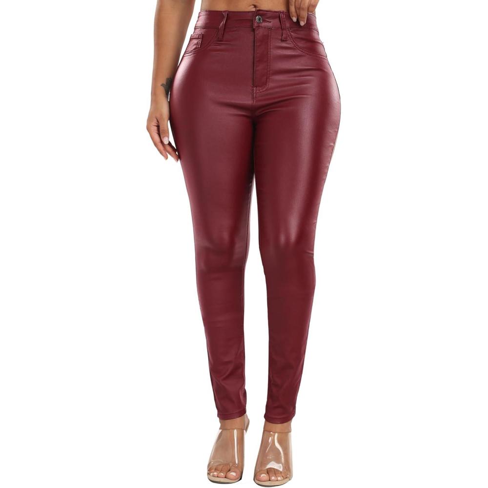 imageWomens High Waisted Stretch Faux Leather Pants PU Coated Legging Juniors093red