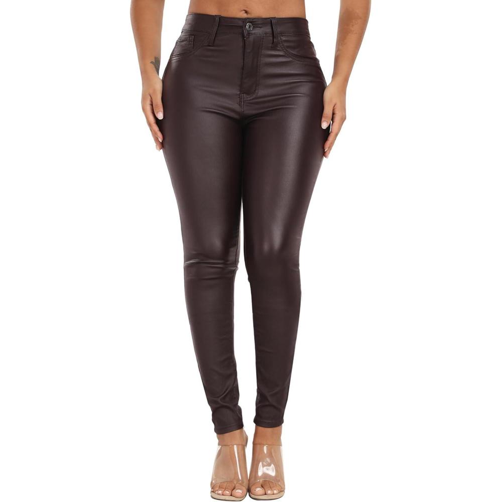 imageWomens High Waisted Stretch Faux Leather Pants PU Coated Legging Juniors095purple Brown