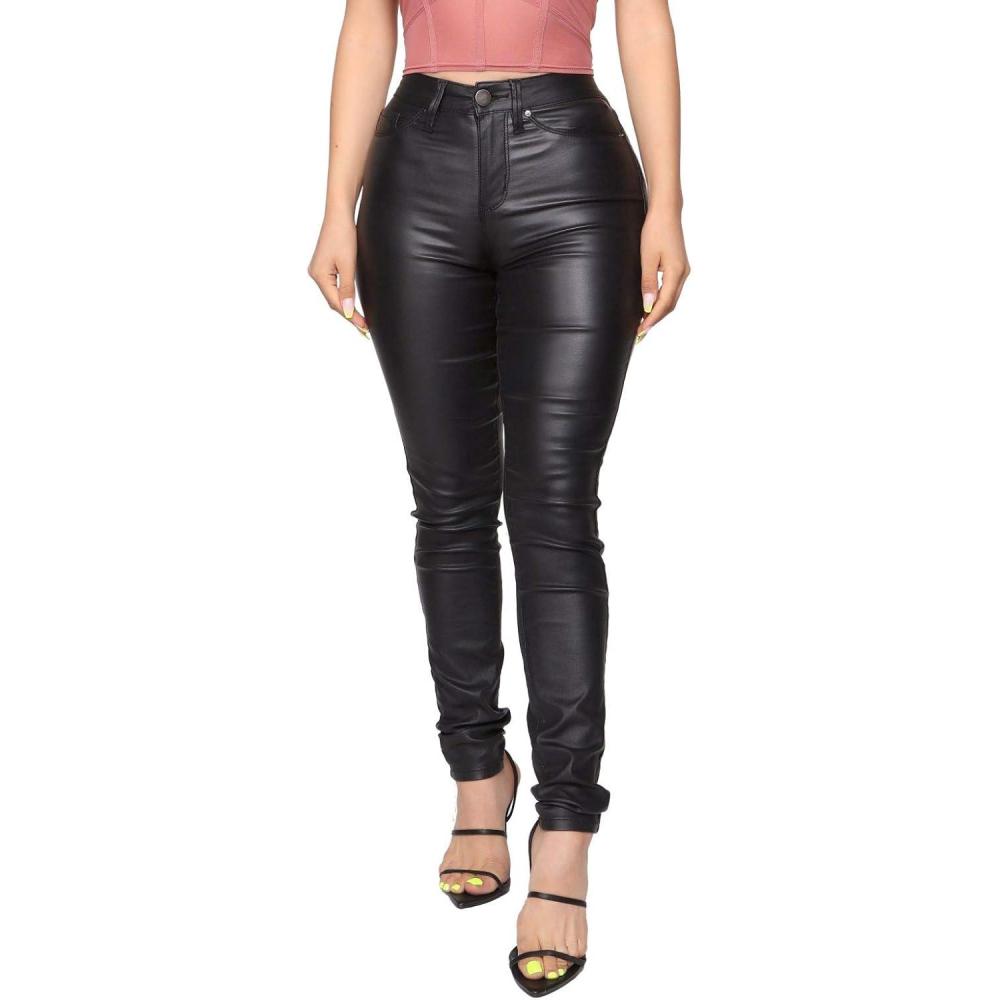 imageWomens High Waisted Stretch Faux Leather Pants PU Coated Legging JuniorsBlack