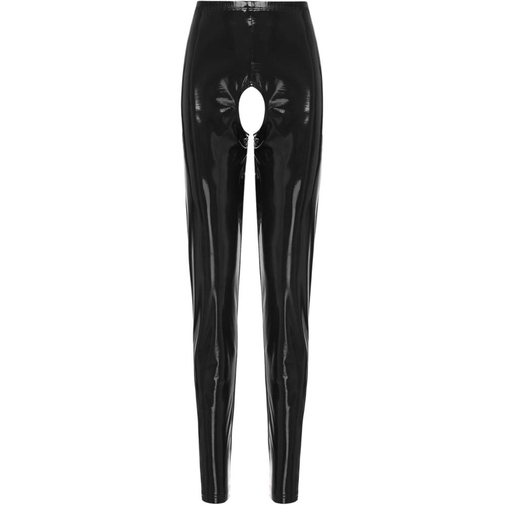 imageWomens Wet Look Leather Cutout Pantyhose ThighHigh Shiny Metallic Suspender Tights LeggingsBlack a