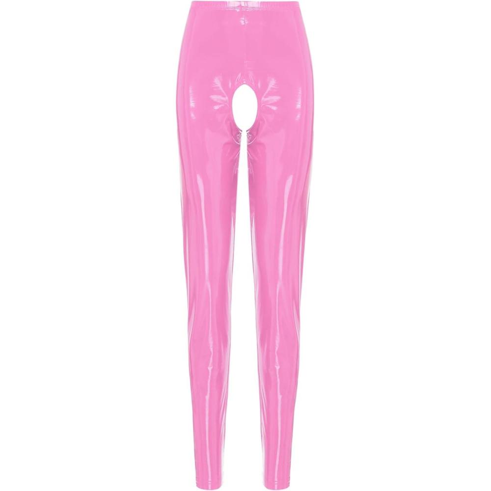 imageWomens Wet Look Leather Cutout Pantyhose ThighHigh Shiny Metallic Suspender Tights LeggingsPink a