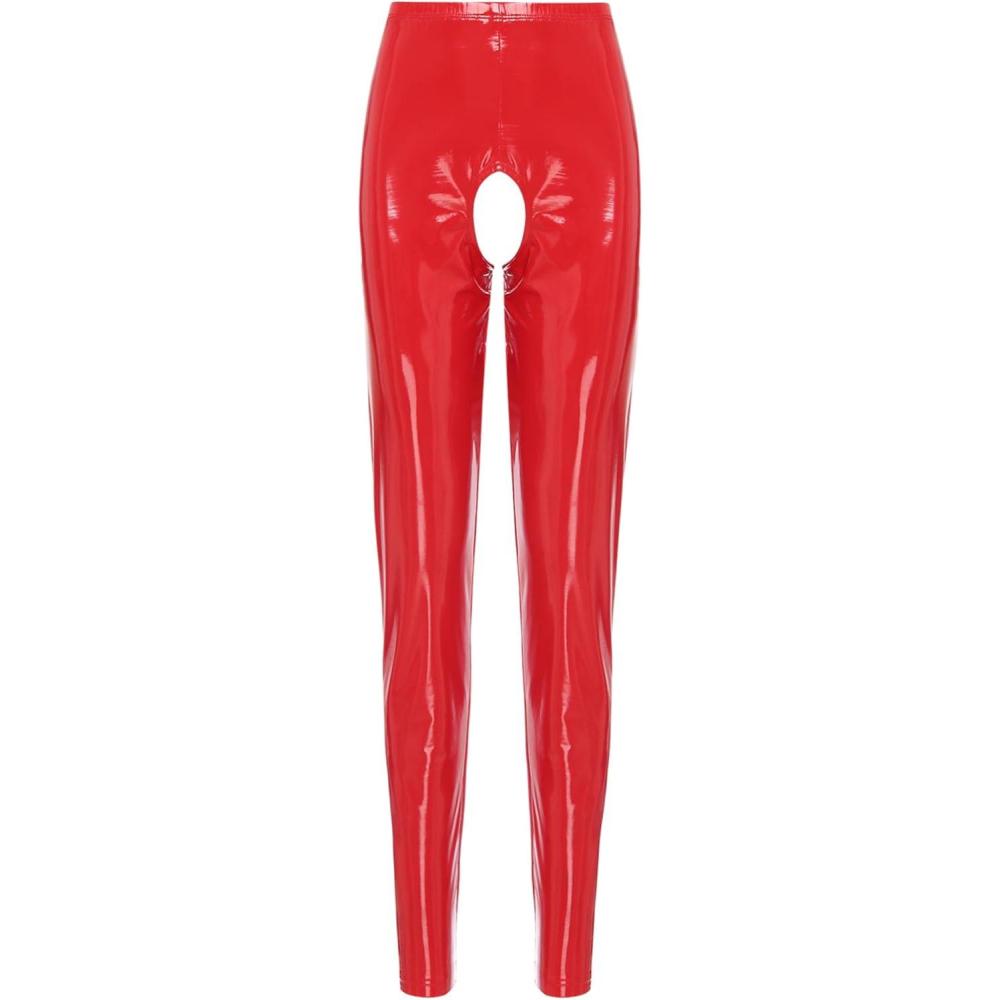 imageWomens Wet Look Leather Cutout Pantyhose ThighHigh Shiny Metallic Suspender Tights LeggingsRed a