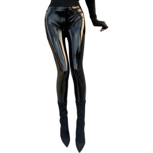 Hularka Women’s Patent Leather Shiny Skinny Pants Wet Look High Waist Leggings Clubwear Trouser(Black)