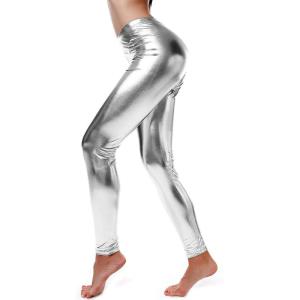 Loxdonz Women Wet Look Shiny Metallic Leggings Liquid Waist Stretch Pants(Silver)