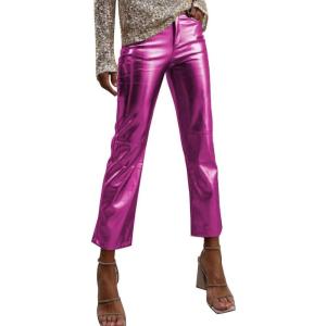 Shiny Metallic Women’s Holographic Glitter Rave Dance Cropped Pants(Hot Pink)