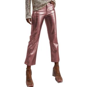 Shiny Metallic Women’s Holographic Glitter Rave Dance Cropped Pants(Rose Pink)