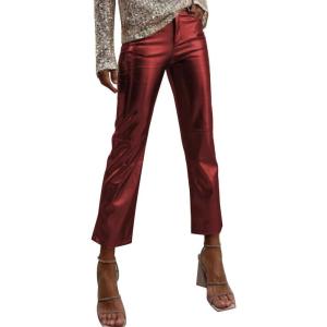 Shiny Metallic Women’s Holographic Glitter Rave Dance Cropped Pants(Wine Red)