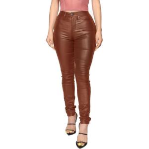 Womens High Waisted Stretch Faux Leather Pants PU Coated Legging Juniors(015-light Coffe)