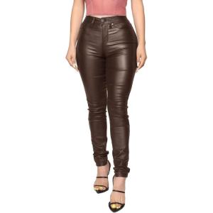 Womens High Waisted Stretch Faux Leather Pants PU Coated Legging Juniors(020- Dark Coffe)