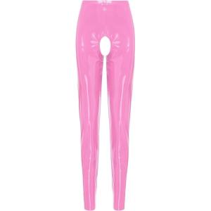Womens Wet Look Leather Cutout Pantyhose Thigh-High Shiny Metallic Suspender Tights Leggings(Pink a)
