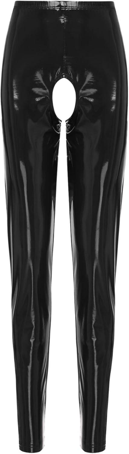 imageACSUSS Womens Glossy Patent Leather Crotchless Pants Leggings High Waist Long Pants Sexy ClubwearBlack