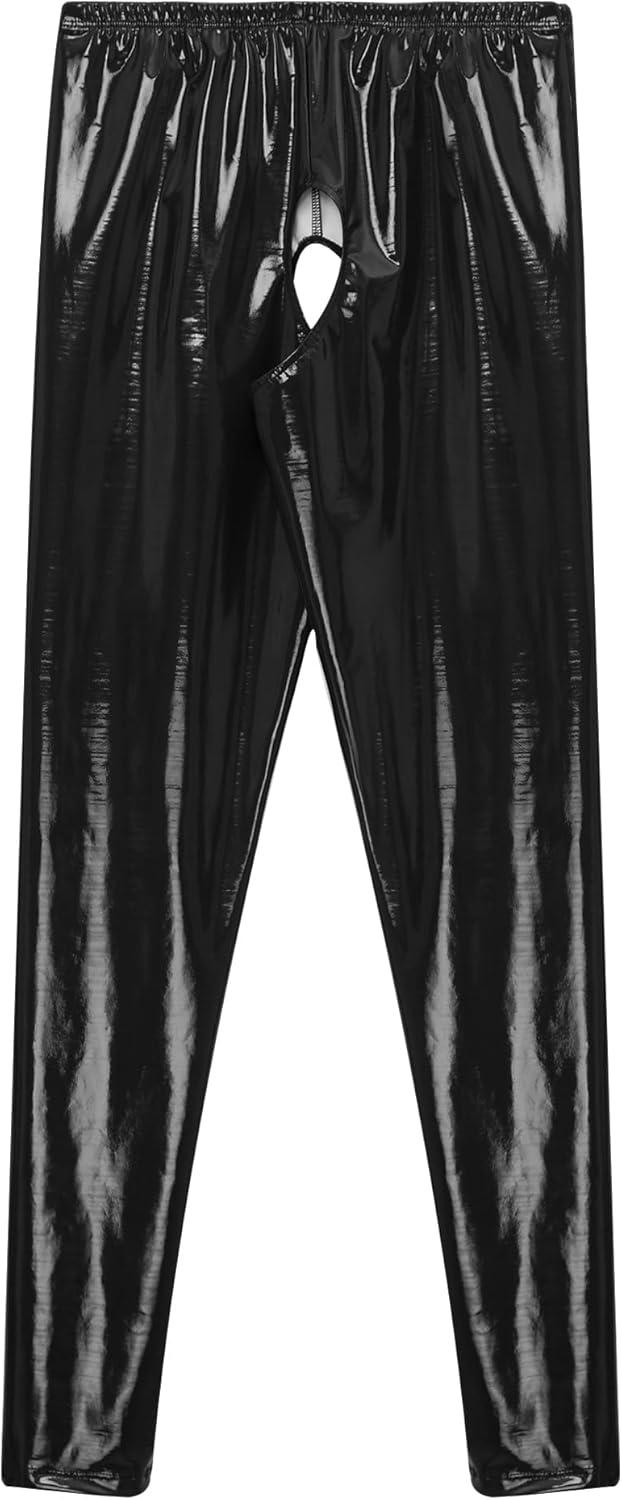 imageACSUSS Womens Glossy Patent Leather Crotchless Pants Leggings High Waist Long Pants Sexy ClubwearBlack