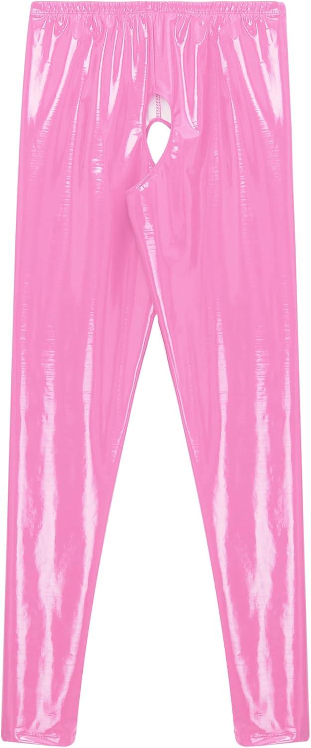 imageACSUSS Womens Glossy Patent Leather Crotchless Pants Leggings High Waist Long Pants Sexy ClubwearPink