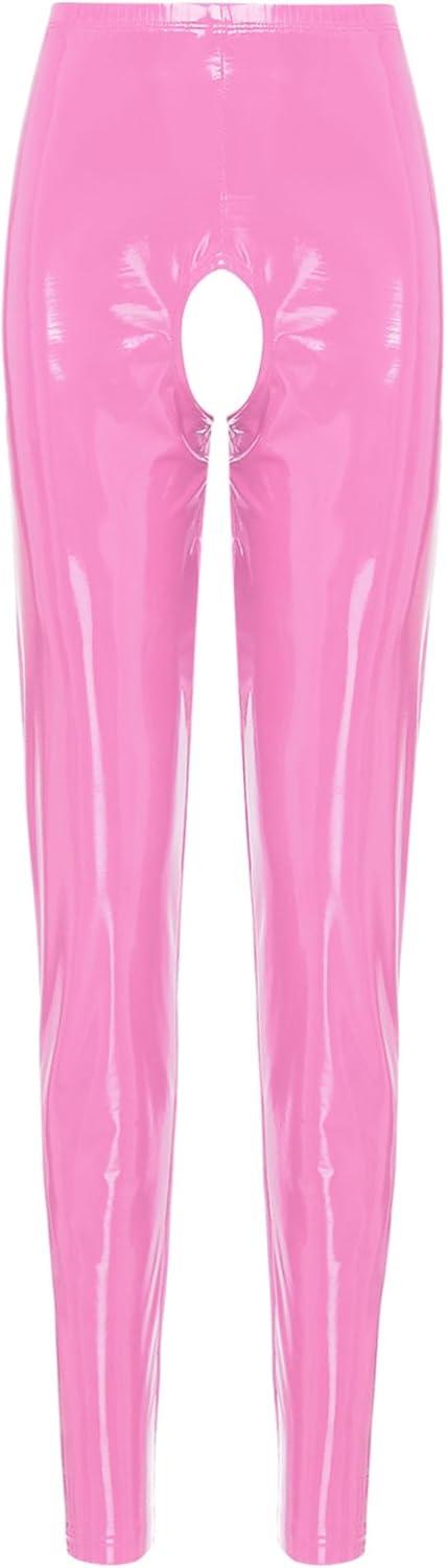 imageACSUSS Womens Glossy Patent Leather Crotchless Pants Leggings High Waist Long Pants Sexy ClubwearPink