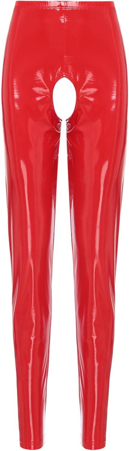 imageACSUSS Womens Glossy Patent Leather Crotchless Pants Leggings High Waist Long Pants Sexy ClubwearRed