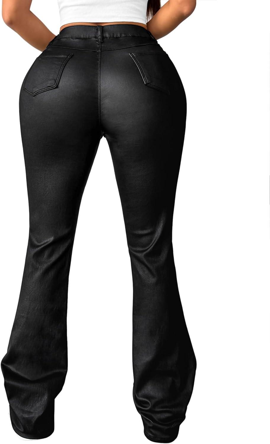 imageAvanova Women Faux Leather Butt Lifting Leggings Flare High Waist Sexy Bell Bottom PantsBlack