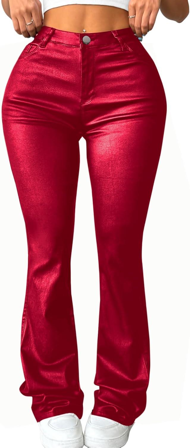 imageAvanova Women Faux Leather Butt Lifting Leggings Flare High Waist Sexy Bell Bottom PantsRed