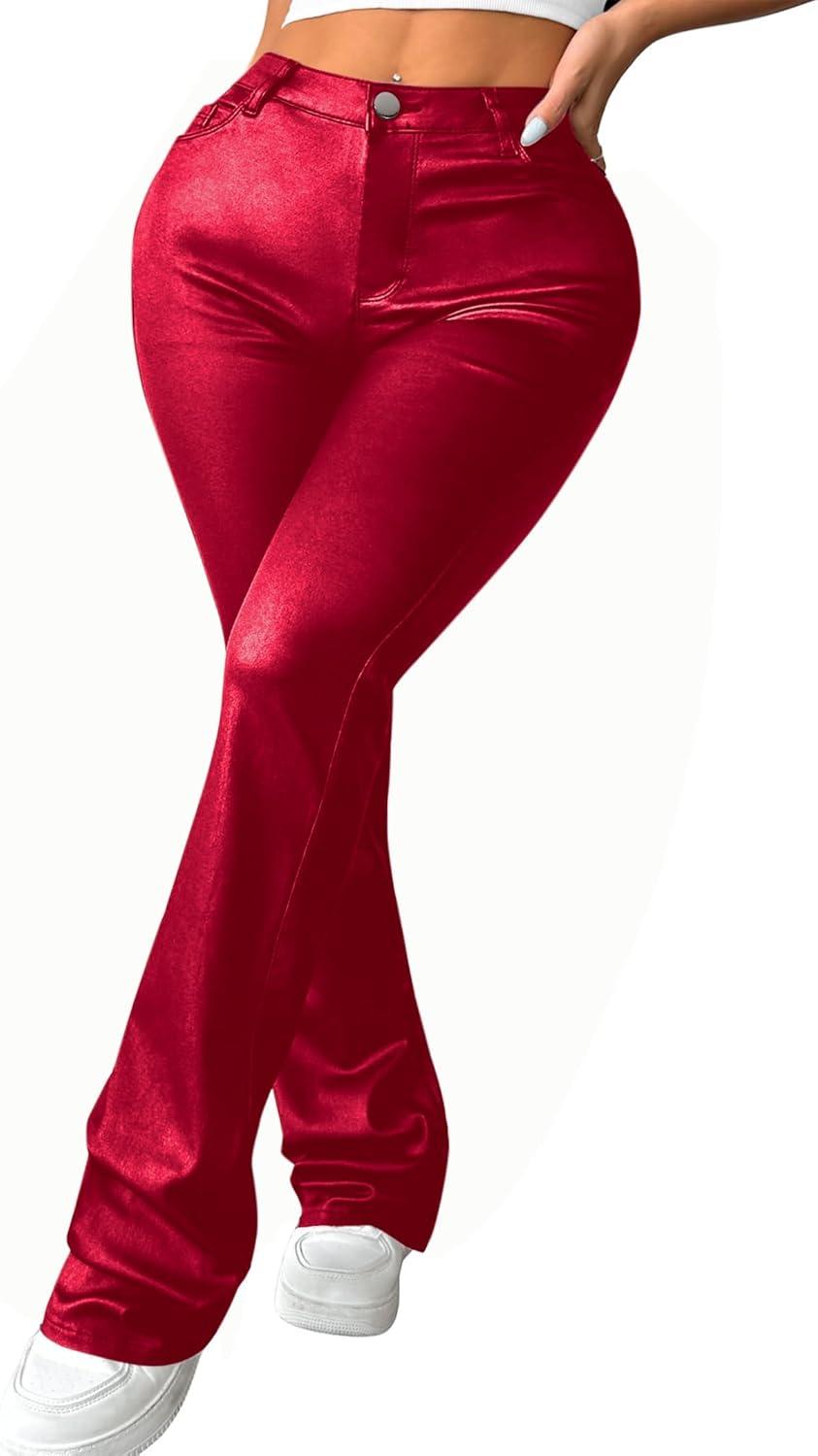 imageAvanova Women Faux Leather Butt Lifting Leggings Flare High Waist Sexy Bell Bottom PantsRed