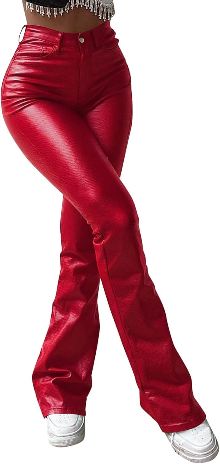 imageAvanova Women Faux Leather Butt Lifting Leggings Flare High Waist Sexy Bell Bottom PantsRed