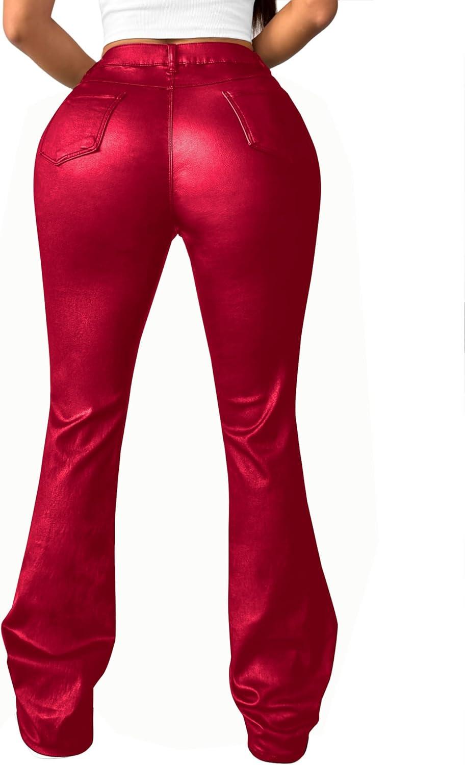 imageAvanova Women Faux Leather Butt Lifting Leggings Flare High Waist Sexy Bell Bottom PantsRed