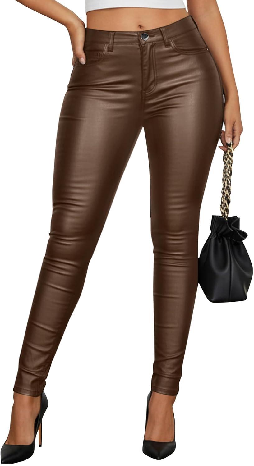 imageAvanova Women Faux Leather Pants for Women Low Rise Thick Thermal Lined Skinny Sexy LeggingsBrown