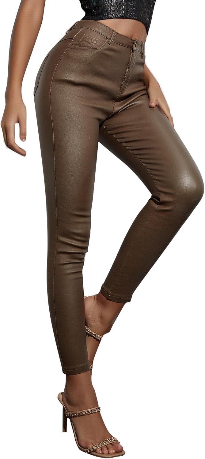 imageAvanova Women Faux Leather Pants for Women Low Rise Thick Thermal Lined Skinny Sexy LeggingsBrown