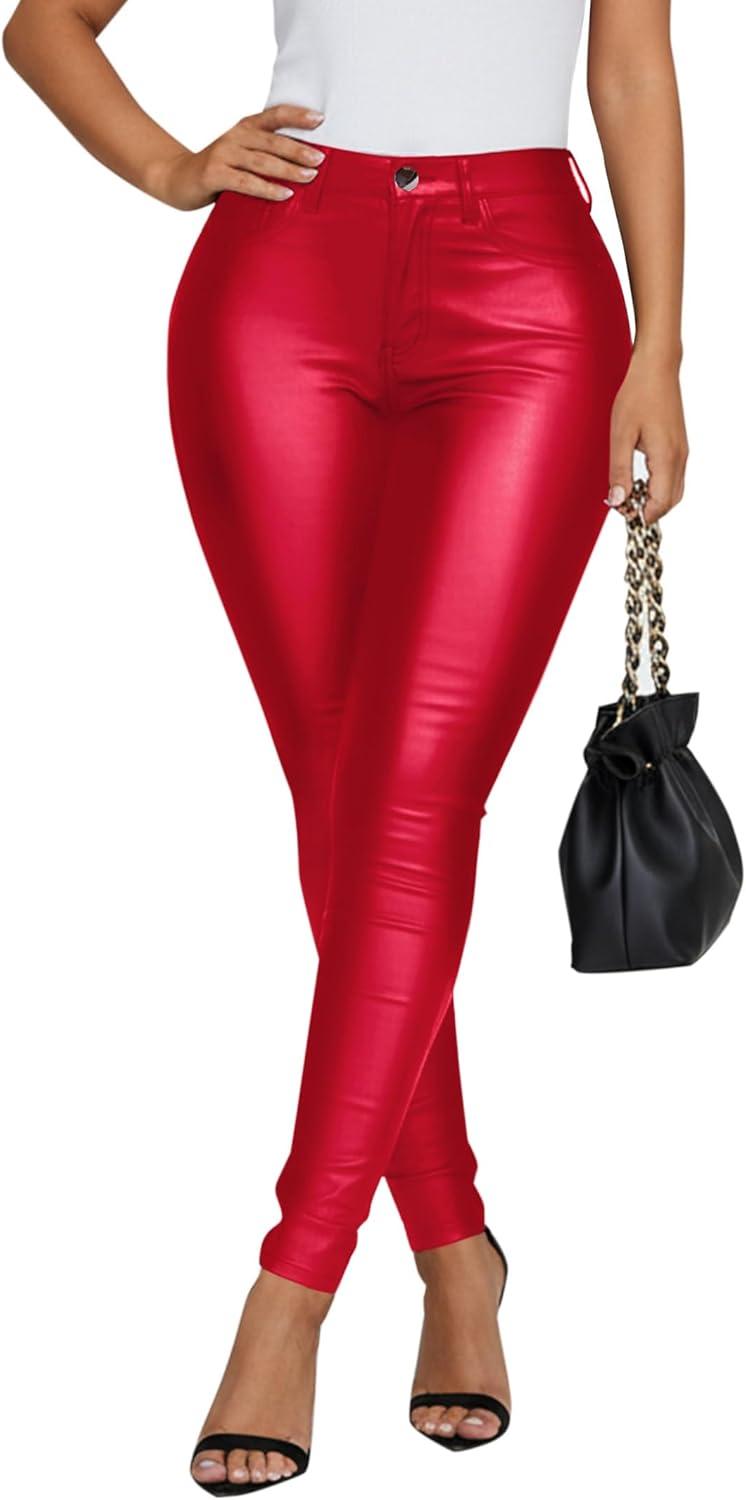 imageAvanova Women Faux Leather Pants for Women Low Rise Thick Thermal Lined Skinny Sexy LeggingsRed