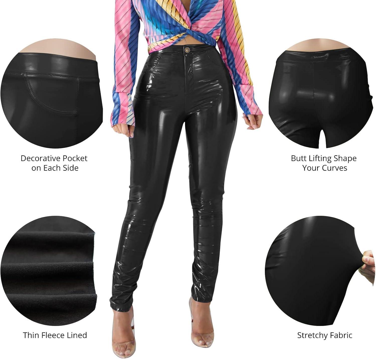 imageBaonmy Leather Pants for Women Faux Leather Leggings Winter Fleece Lining High Waist Leather PantBlack