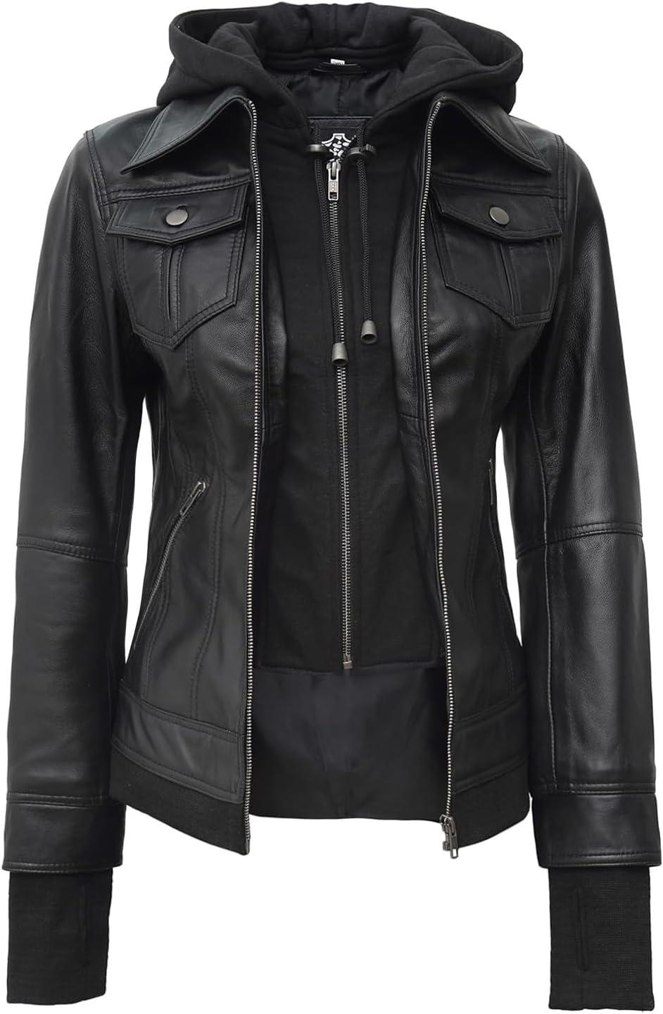 imageBlingsoul Hooded Leather Jacket Women Real Lambskin Womens Leather Jackets with Detachable HoodBlack Betty Jacket