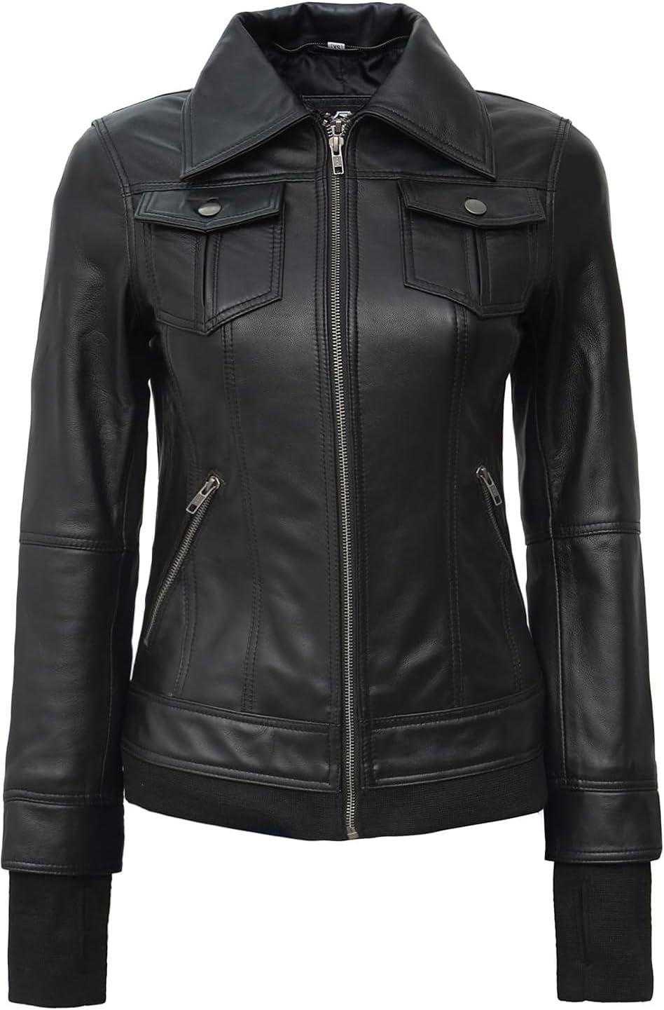 imageBlingsoul Hooded Leather Jacket Women Real Lambskin Womens Leather Jackets with Detachable HoodBlack Betty Jacket