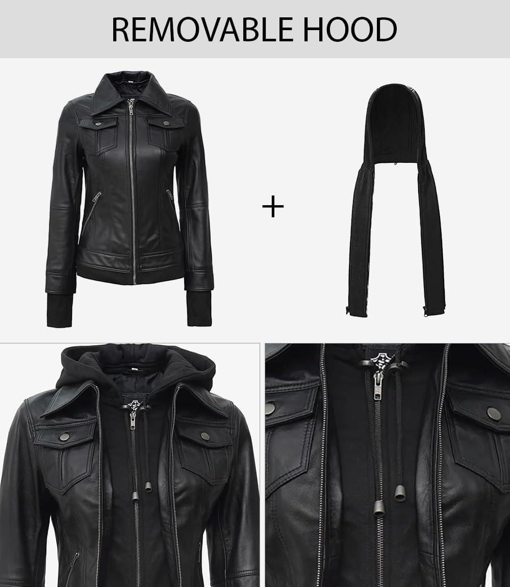 imageBlingsoul Hooded Leather Jacket Women Real Lambskin Womens Leather Jackets with Detachable HoodBlack Betty Jacket