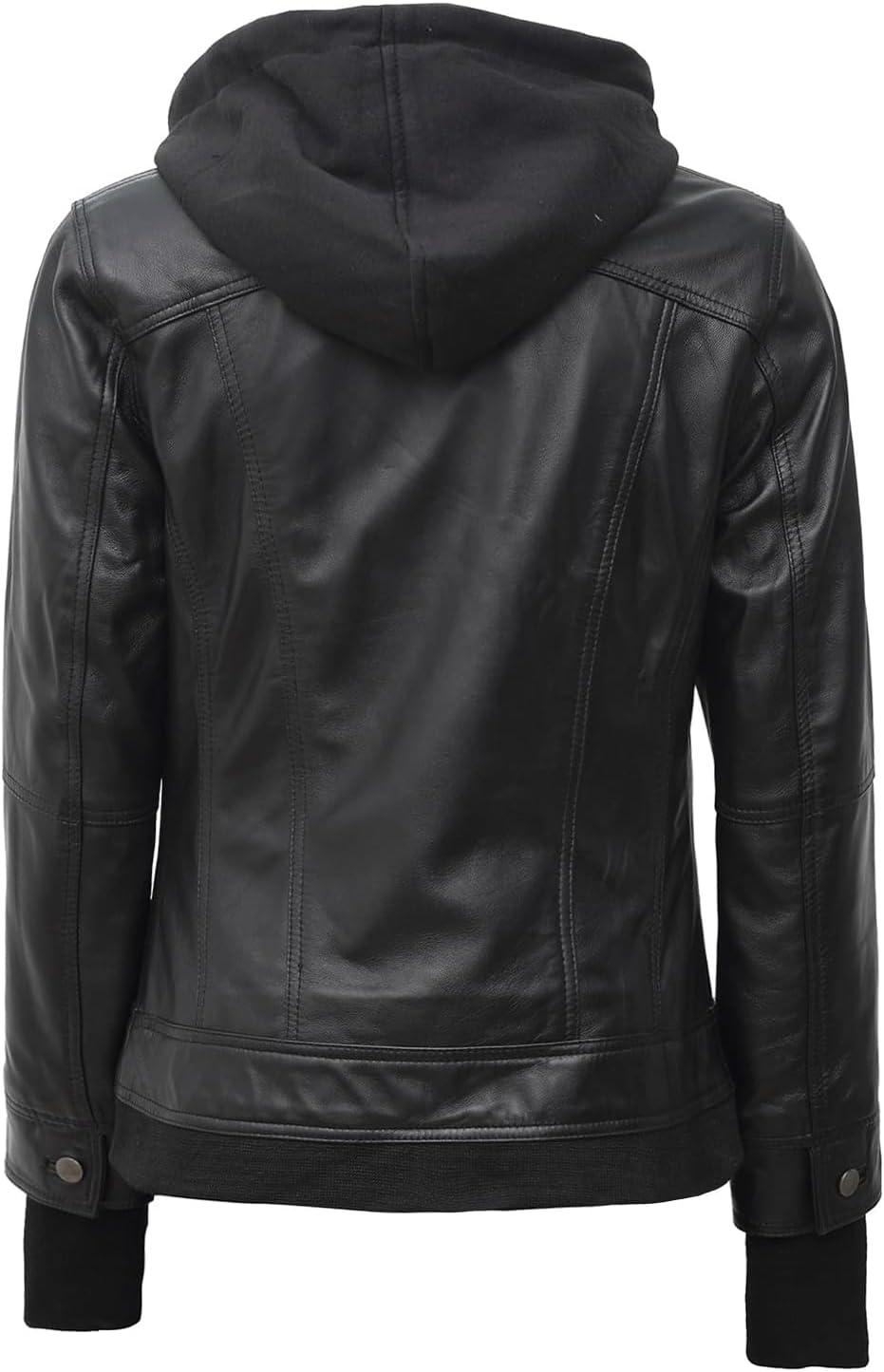 imageBlingsoul Hooded Leather Jacket Women Real Lambskin Womens Leather Jackets with Detachable HoodBlack Betty Jacket