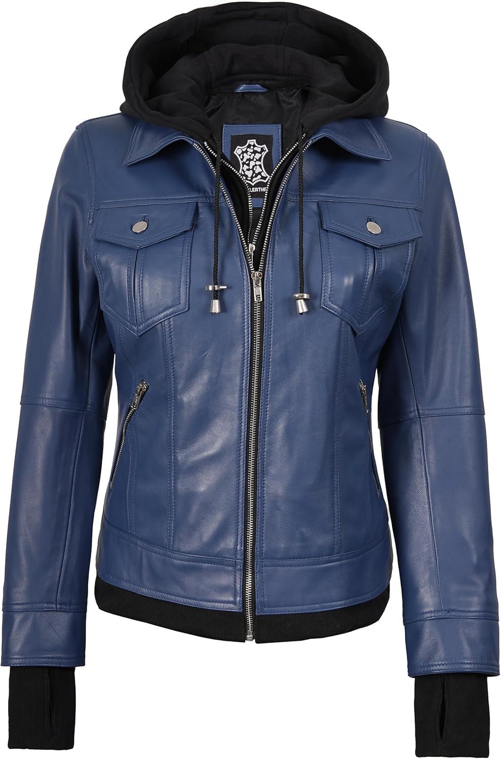 imageBlingsoul Hooded Leather Jacket Women Real Lambskin Womens Leather Jackets with Detachable HoodBlue Betty Jacket