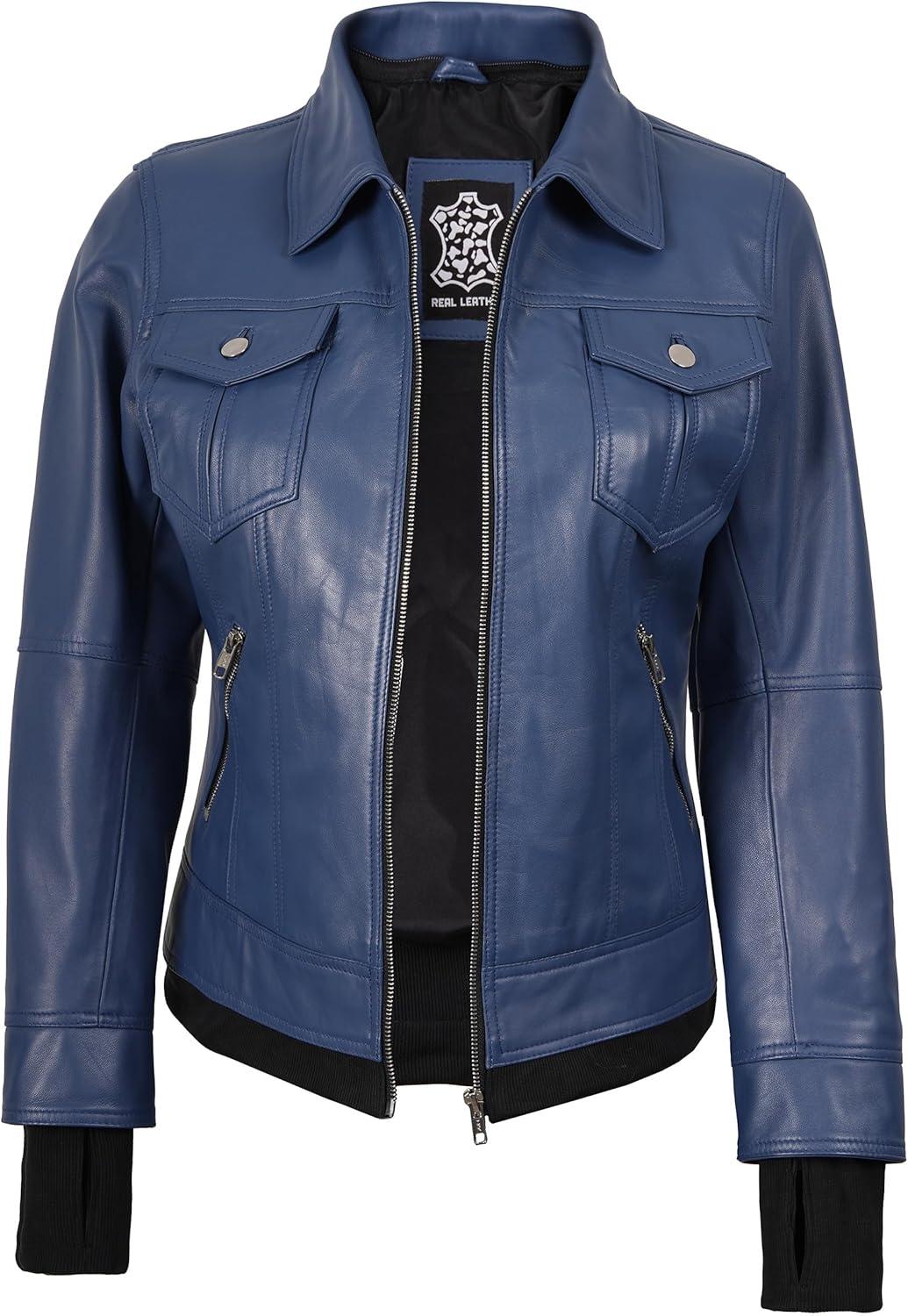 imageBlingsoul Hooded Leather Jacket Women Real Lambskin Womens Leather Jackets with Detachable HoodBlue Betty Jacket