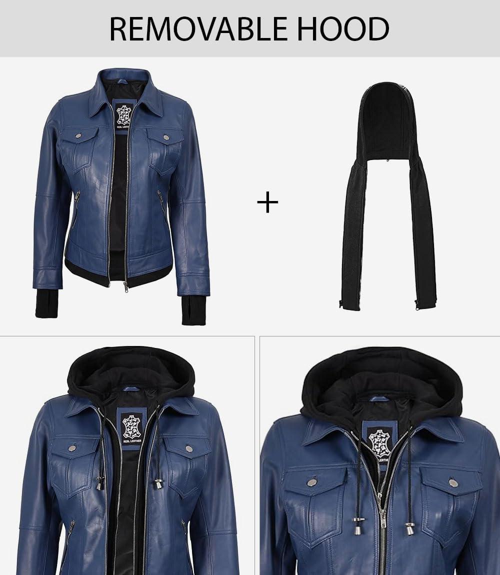 imageBlingsoul Hooded Leather Jacket Women Real Lambskin Womens Leather Jackets with Detachable HoodBlue Betty Jacket