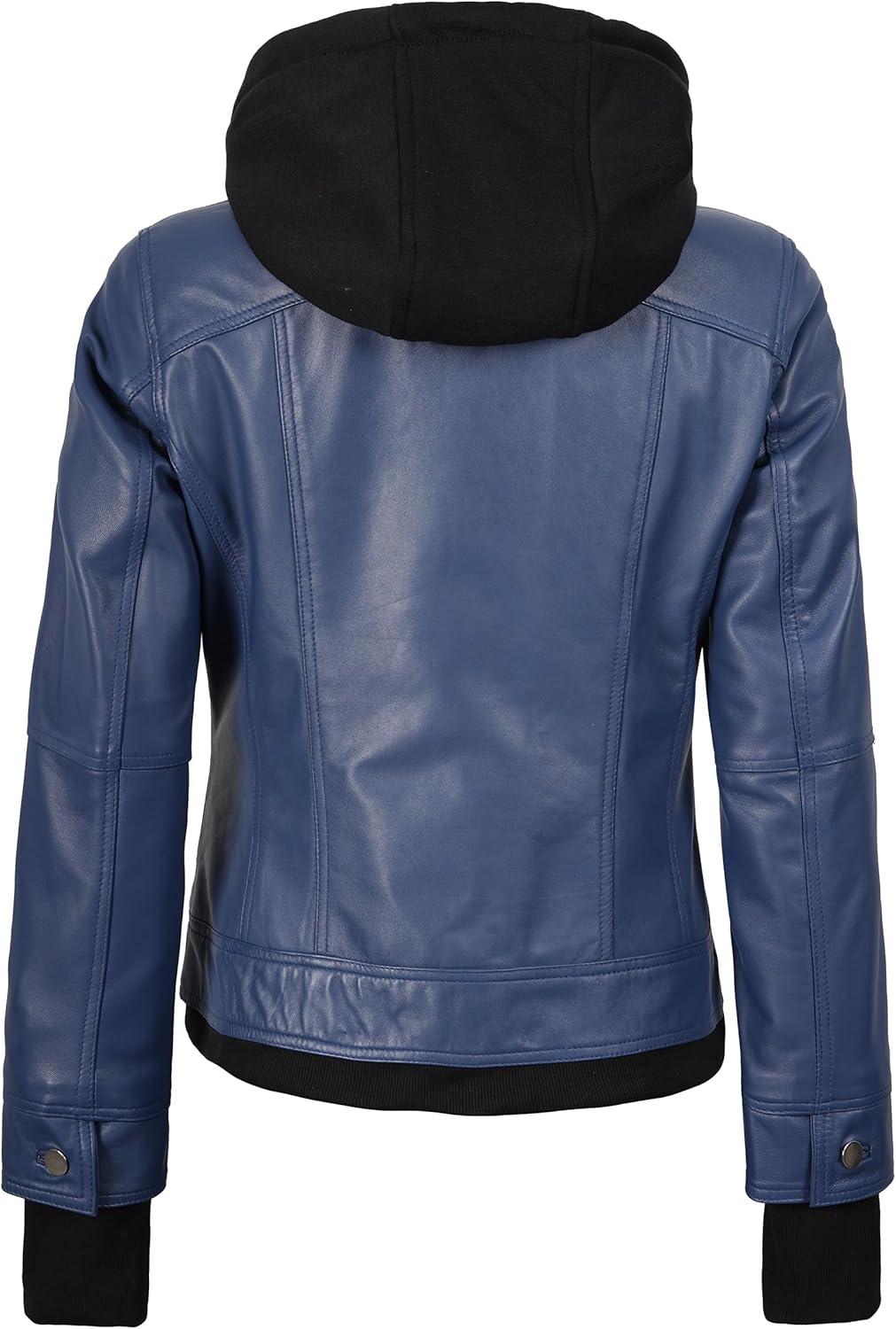 imageBlingsoul Hooded Leather Jacket Women Real Lambskin Womens Leather Jackets with Detachable HoodBlue Betty Jacket