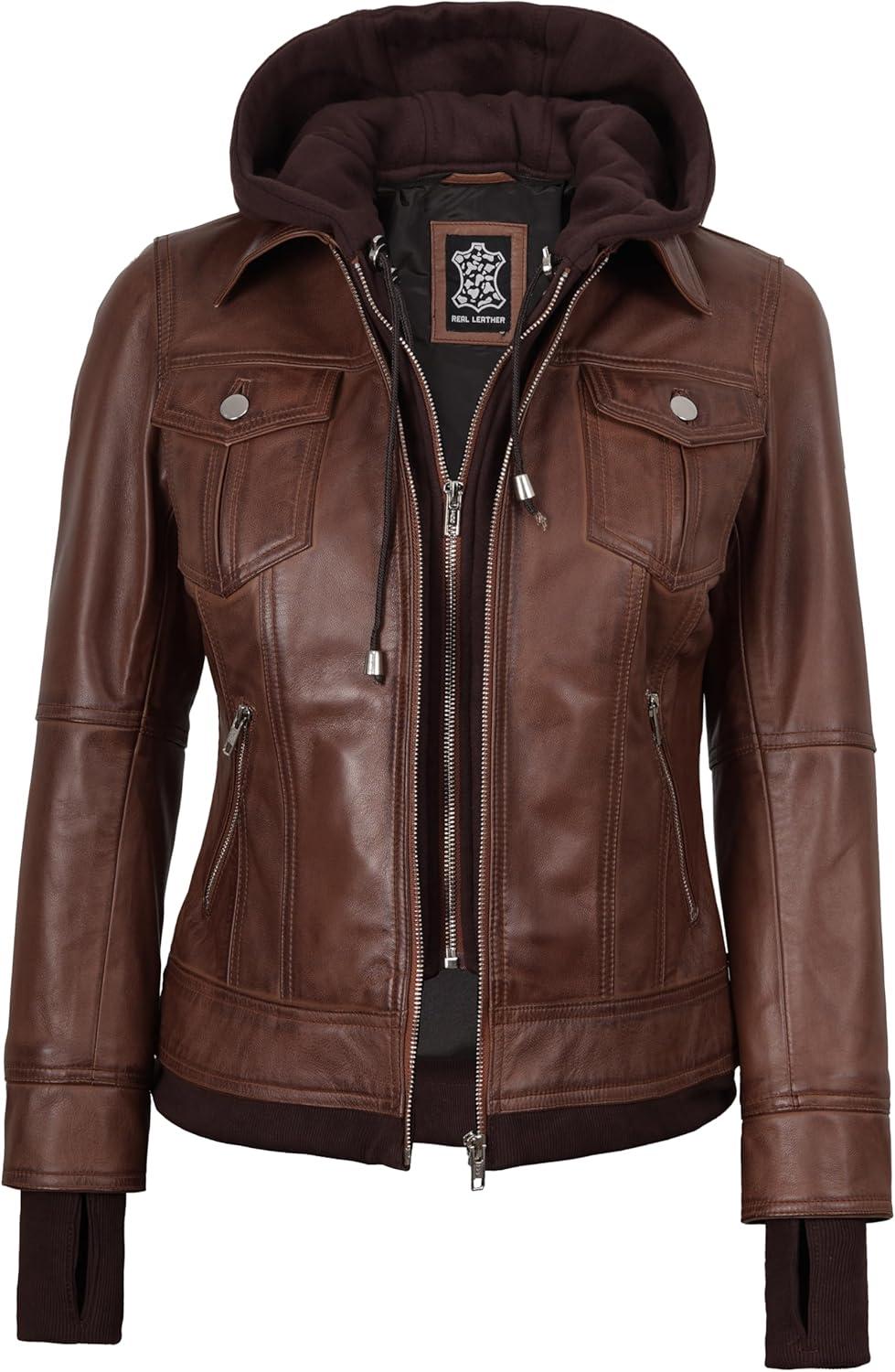 imageBlingsoul Hooded Leather Jacket Women Real Lambskin Womens Leather Jackets with Detachable HoodCognac Tralee Jacket