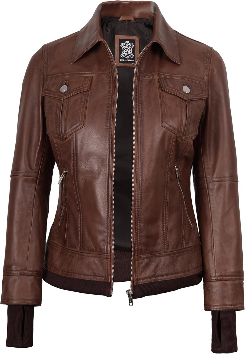 imageBlingsoul Hooded Leather Jacket Women Real Lambskin Womens Leather Jackets with Detachable HoodCognac Tralee Jacket