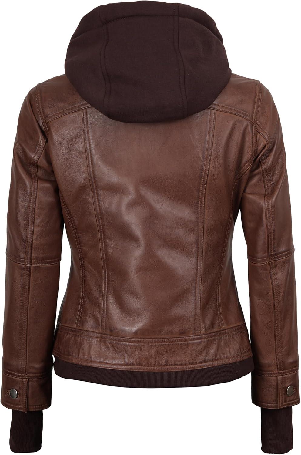 imageBlingsoul Hooded Leather Jacket Women Real Lambskin Womens Leather Jackets with Detachable HoodCognac Tralee Jacket