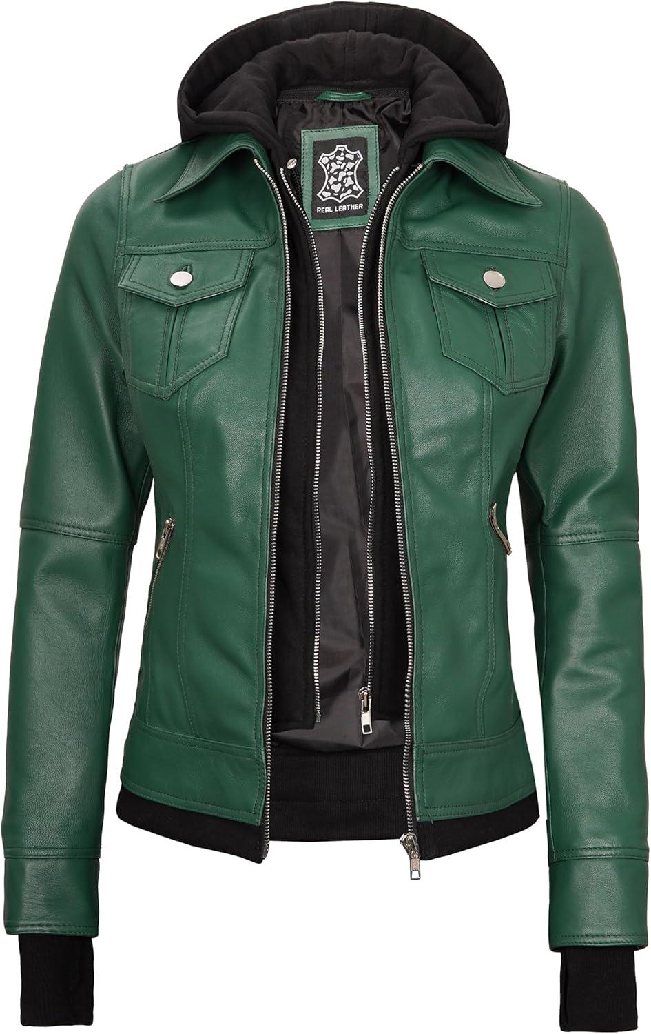 imageBlingsoul Hooded Leather Jacket Women Real Lambskin Womens Leather Jackets with Detachable HoodGreen Betty Jacket