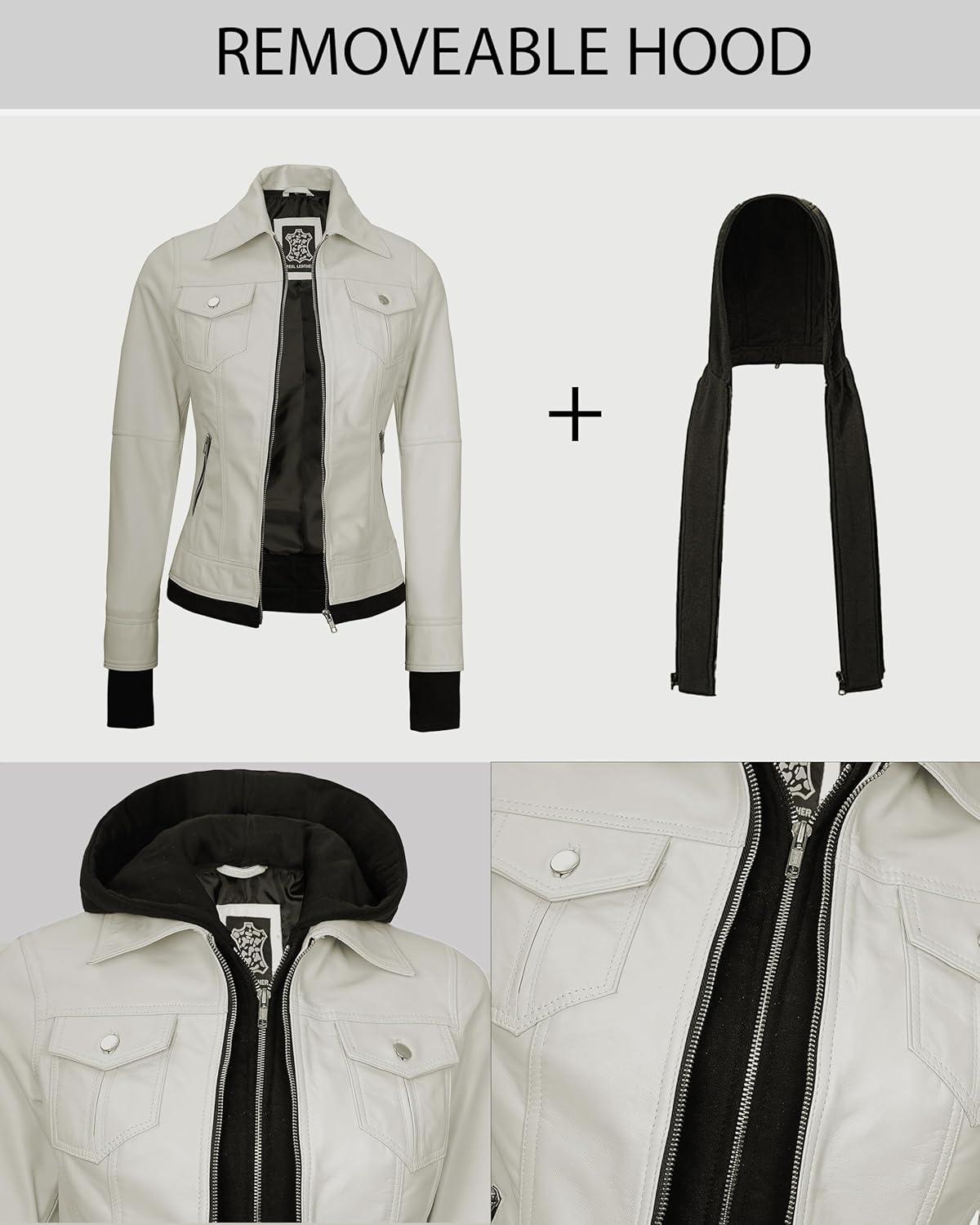imageBlingsoul Hooded Leather Jacket Women Real Lambskin Womens Leather Jackets with Detachable HoodOff White Betty Jacket