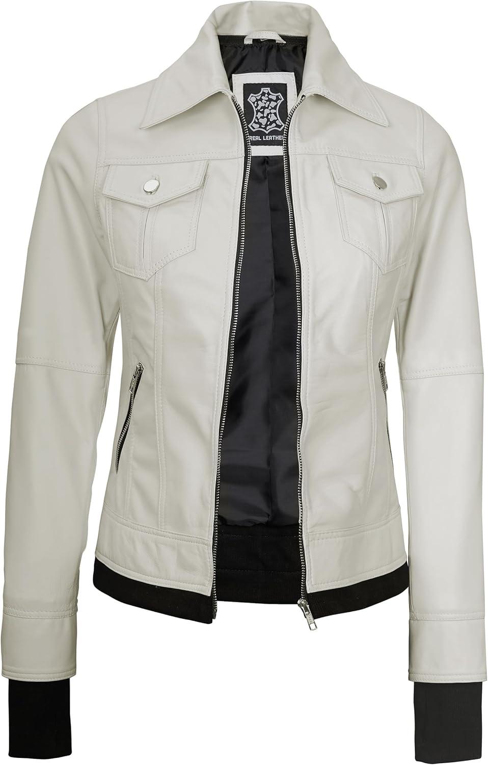 imageBlingsoul Hooded Leather Jacket Women Real Lambskin Womens Leather Jackets with Detachable HoodOff White Betty Jacket