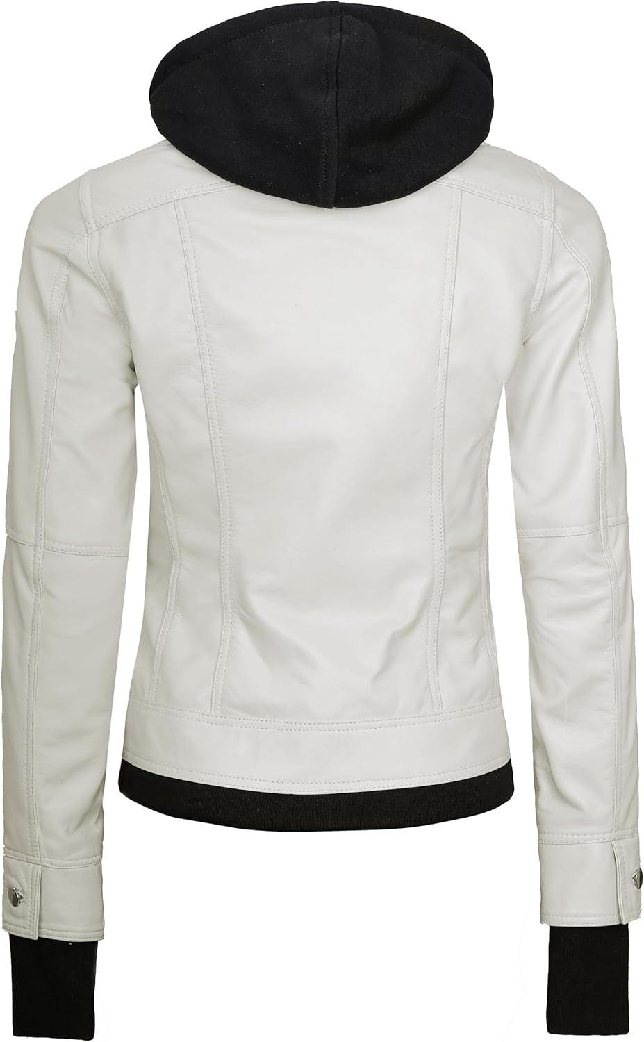 imageBlingsoul Hooded Leather Jacket Women Real Lambskin Womens Leather Jackets with Detachable HoodOff White Betty Jacket