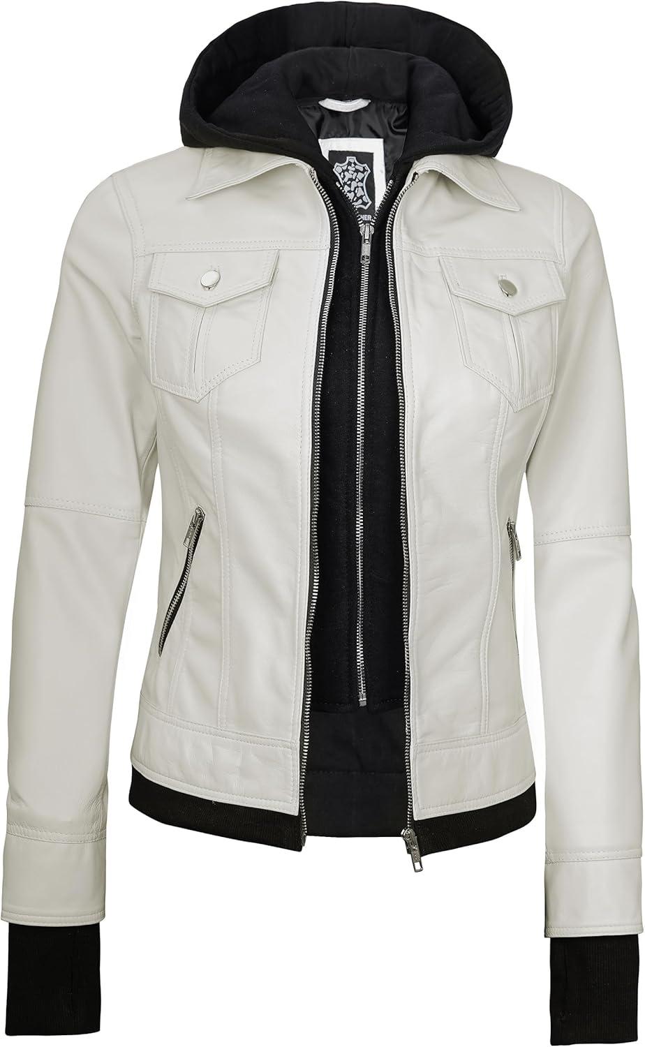 imageBlingsoul Hooded Leather Jacket Women Real Lambskin Womens Leather Jackets with Detachable HoodOff White Betty Jacket