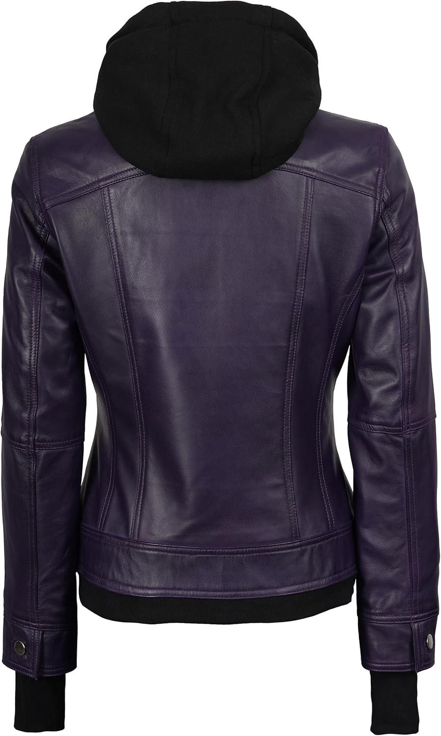 imageBlingsoul Hooded Leather Jacket Women Real Lambskin Womens Leather Jackets with Detachable HoodPurple Betty Jacket