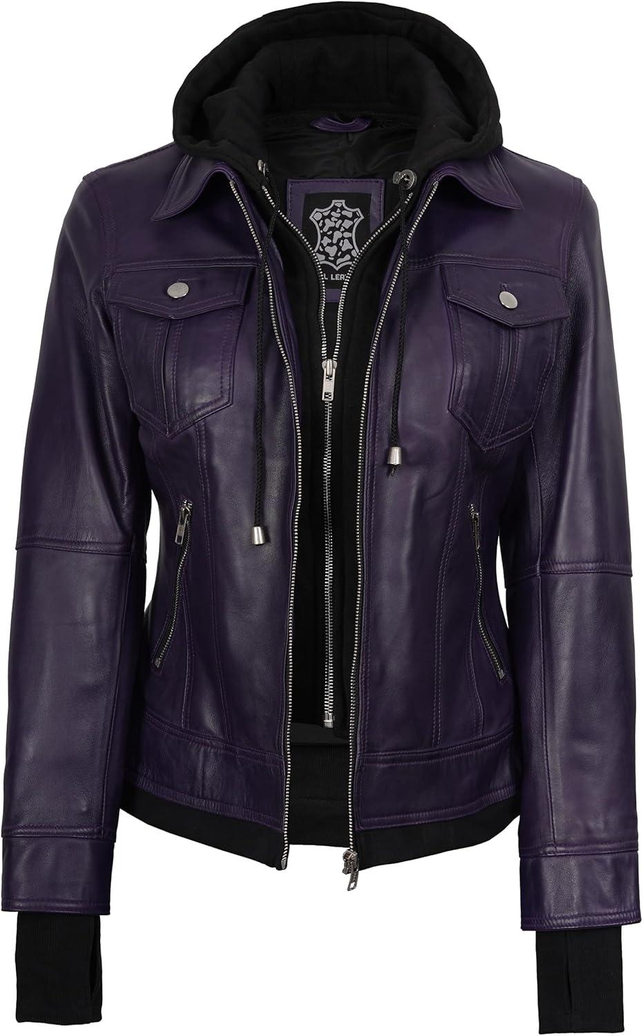 imageBlingsoul Hooded Leather Jacket Women Real Lambskin Womens Leather Jackets with Detachable HoodPurple Betty Jacket