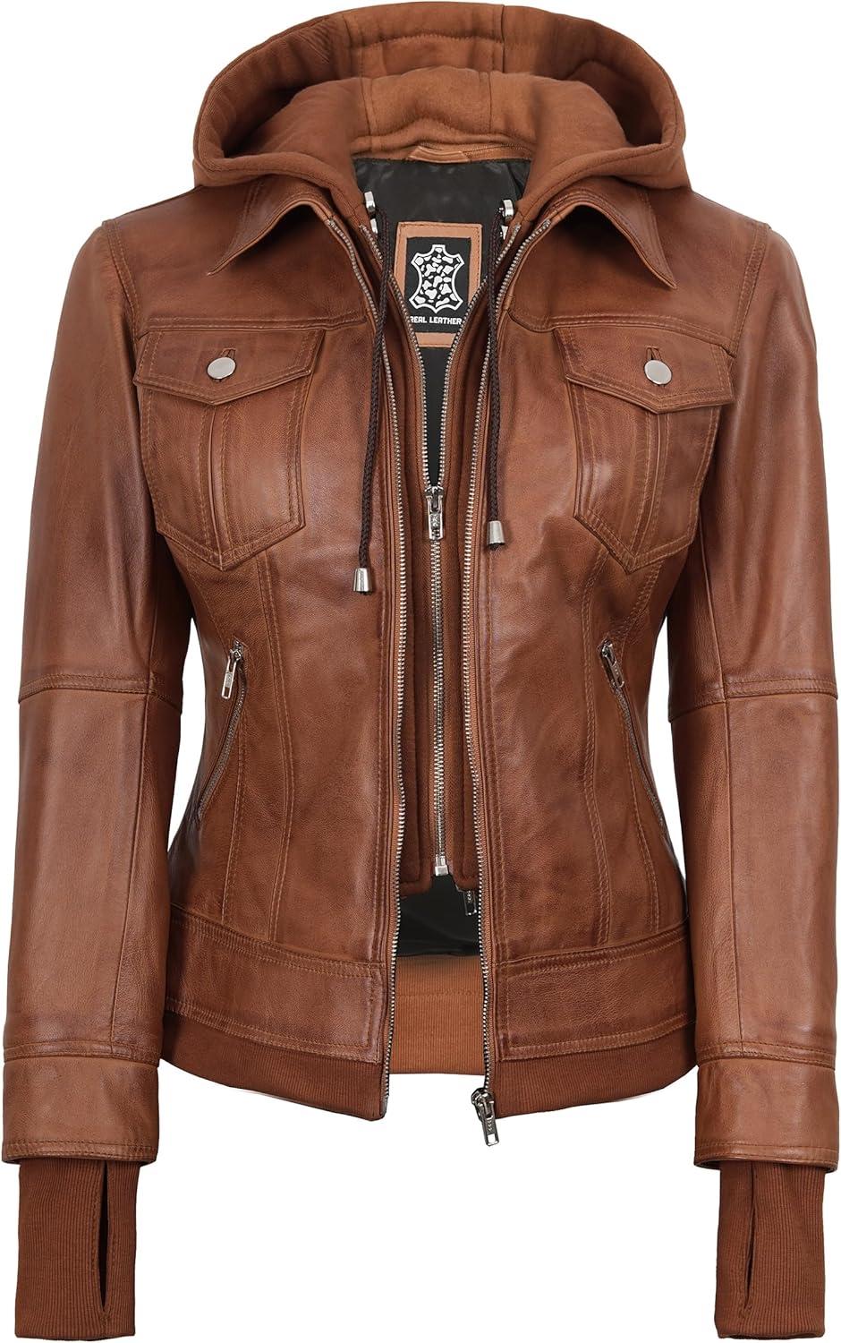 imageBlingsoul Hooded Leather Jacket Women Real Lambskin Womens Leather Jackets with Detachable HoodTralee Brown Jacket