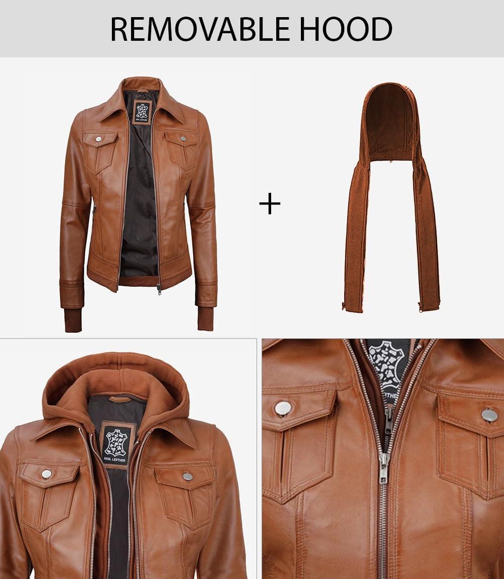 imageBlingsoul Hooded Leather Jacket Women Real Lambskin Womens Leather Jackets with Detachable HoodTralee Brown Jacket